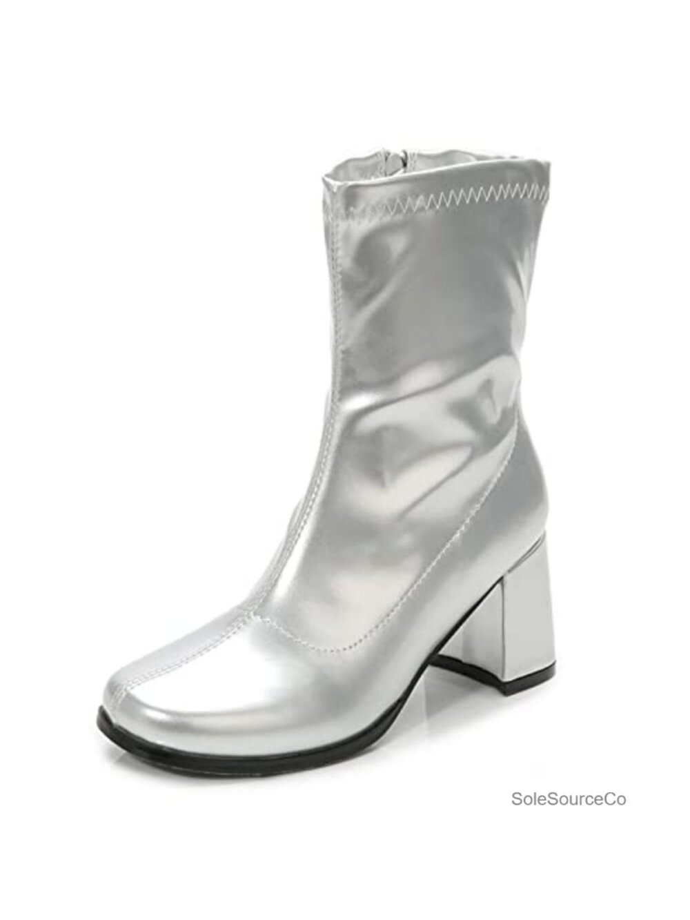 Mid Calf Gogo Boots Chunky Block Heel Square Toe Side Zip Costume